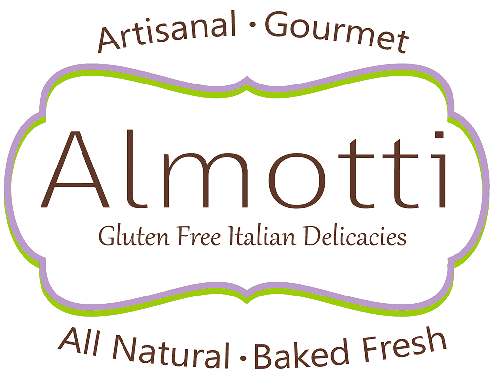 Logo for Almotti with the tagline Gluten Free Italian Delicacies. Surrounding text reads Artisanal • Gourmet at the top and All Natural • Baked Fresh at the bottom, highlighting locally baked sweets within a decorative border.