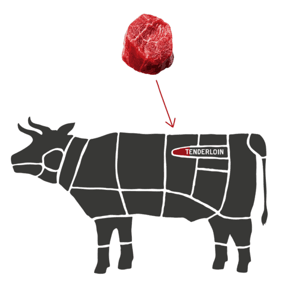 A diagram of a cow with sections outlined; a red arrow points from a steak labeled tenderloin to the tenderloin section on the cow's back, highlighting its location—perfect for anyone wanting meat cuts or filet mignon explained visually.
