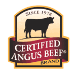 Certified Angus Beef logo featuring a black silhouette of a cow above a maroon ribbon, highlighting beef quality with the text “Certified Angus Beef Brand” and “Since 1978” written at the top.