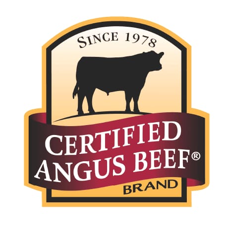 Certified Angus Beef logo features a black silhouette of a cow on a golden background, with “Since 1978” above and “Certified Angus Beef Brand” across a maroon ribbon—symbolizing premium meat selection at your local butcher counter.
