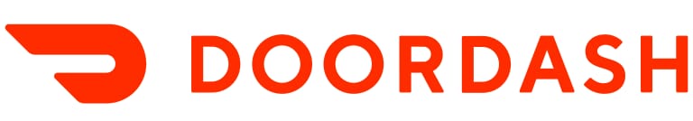 The DoorDash logo features a bold, red stylized wing icon to the left of the word DOORDASH in uppercase red letters, symbolizing fast online grocery and grocery delivery services on a transparent background.