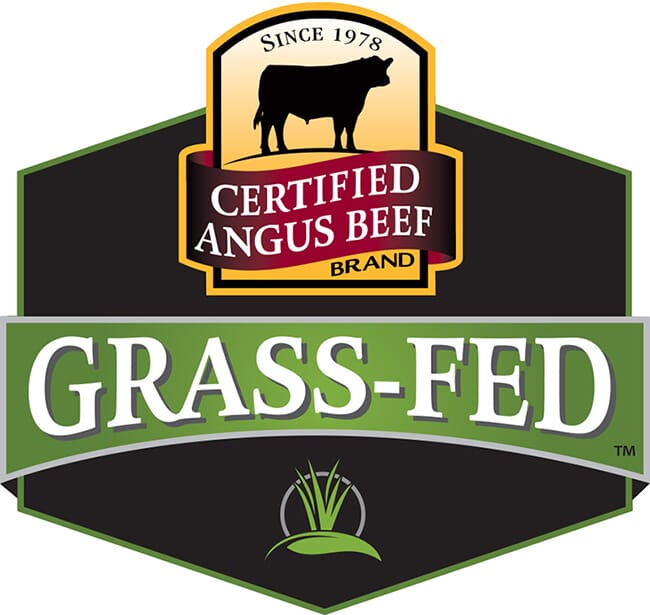 Label with a black cow silhouette, Certified Angus Beef Brand text, and Grass-Fed in bold white letters on green. Perfect for the butcher counter, it features a grass graphic at the bottom and Since 1978 at the top to highlight fresh cuts.