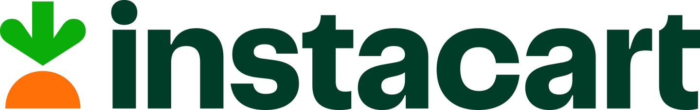 Instacart logo featuring a green and orange carrot graphic to the left of the word instacart in bold, dark green lowercase letters on a transparent background, representing convenient grocery ordering.