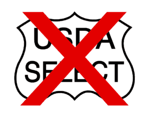 A USDA Select label with a large red X over it, signaling disapproval of this beef grade and highlighting concerns about meat quality in the beef grading system.