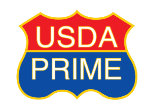 A red and blue badge-shaped logo with yellow trim displays the words USDA PRIME in bold white letters, signifying a top meat grade and exceptional beef quality.