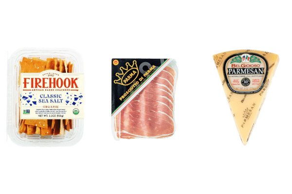 Three products—Firehook Classic Sea Salt crackers, Prosciutto di Parma, and a wedge of BelGioioso Parmesan cheese—create delicious Cheese Pairings, beautifully displayed against a white background.
