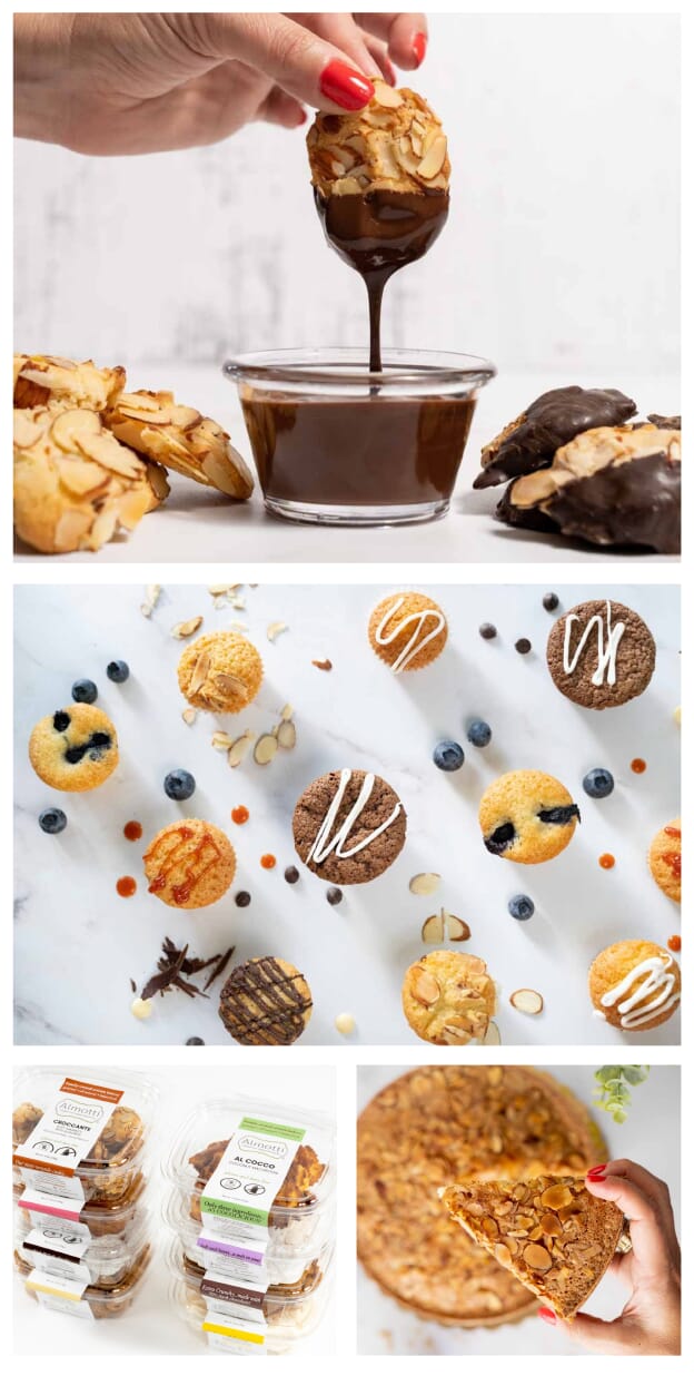 Four images showcase Italian Delicacies: a hand dipping an Almotti almond cookie in chocolate, assorted mini desserts with berries, packaged gluten-free cookie boxes, and a hand holding a stack of thin, round almond cookies.