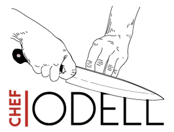 A line drawing of two hands sharpening a chef’s knife above the words “CHEF ODELL,” with “CHEF” written vertically in red on the left, celebrates locally baked and crafted sweets.