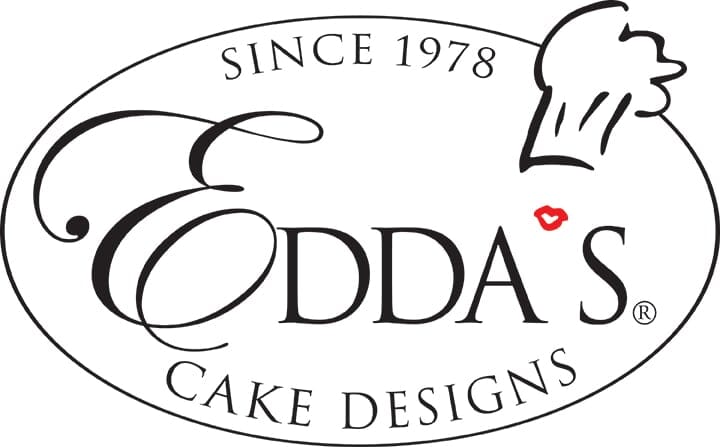 Logo for Eddas Cake Designs featuring stylized text inside an oval. Since 1978 is written at the top, a chef’s hat above the S, and a small red lips graphic as the apostrophe in EDDAS, highlighting their locally baked sweets.